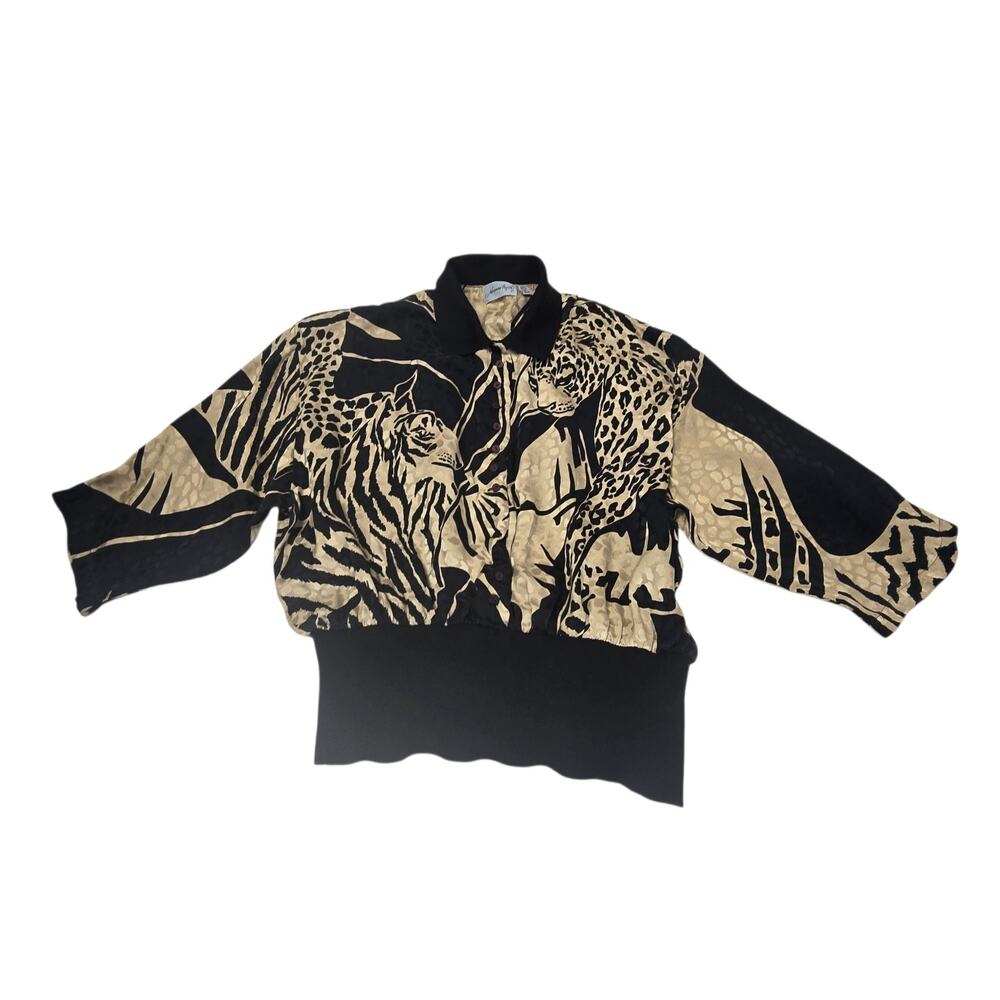 adrianna papell top 100% Silk Animal Pattern Size 6 Black & Gold